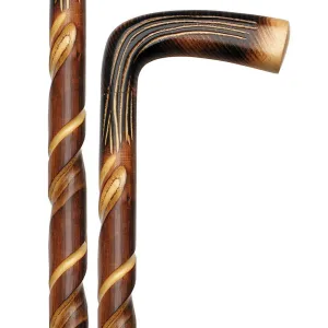 Exquisitely Carved Spiral L Handle Cane: Chestnut Shaft