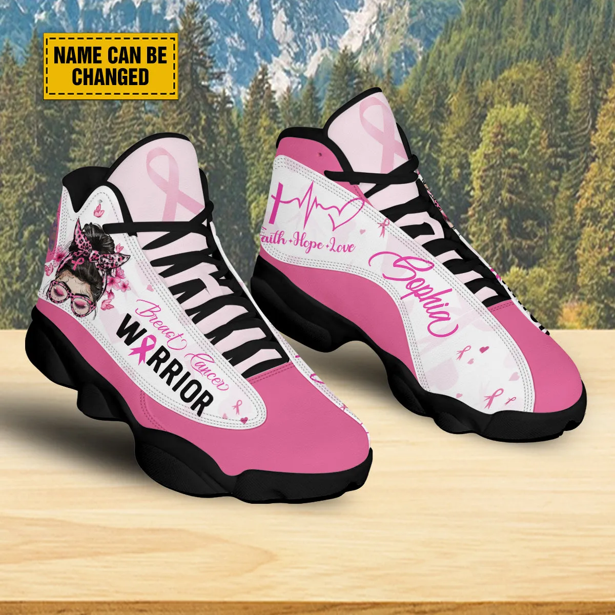 Teesdily | Custom Breast Cancer Warrior Basketball Shoes, Faith Hope Love Jesus Support Warrior Shoes Sneaker, Pink Ribbon Strong Girl Fighter Gift