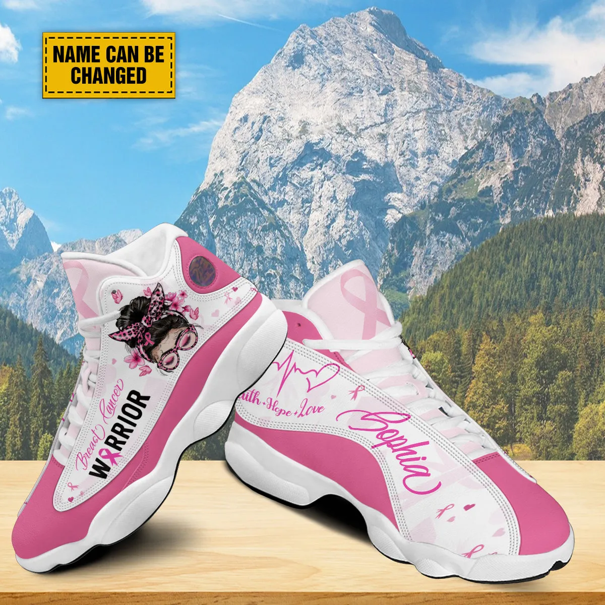 Teesdily | Custom Breast Cancer Warrior Basketball Shoes, Faith Hope Love Jesus Support Warrior Shoes Sneaker, Pink Ribbon Strong Girl Fighter Gift