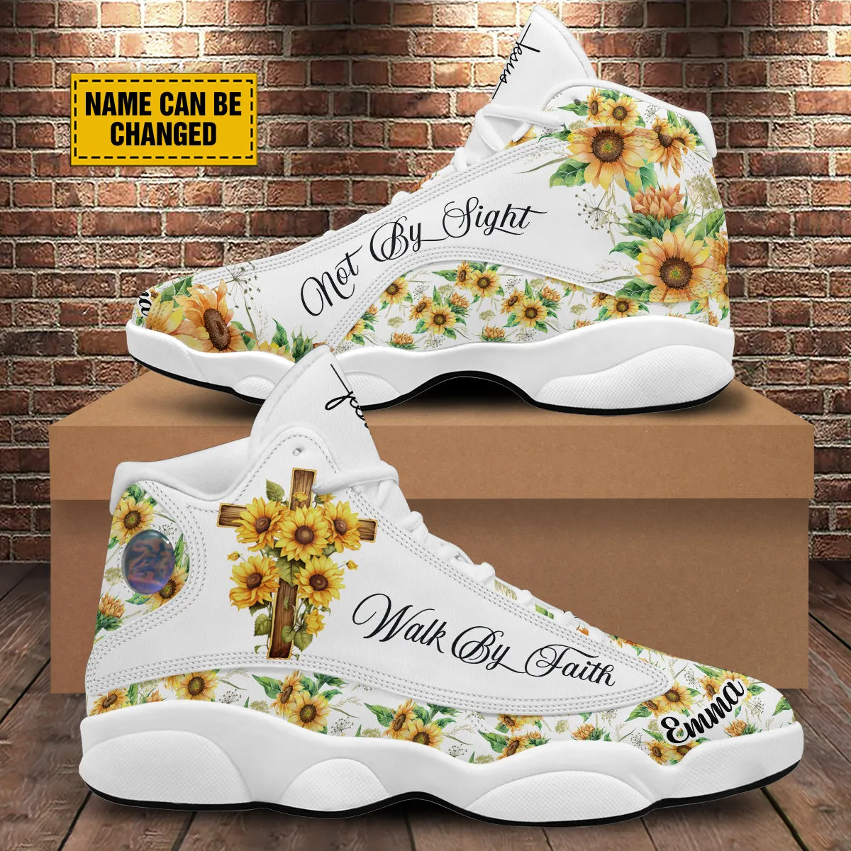 Teesdily | Jesus Cross Sunflower Customized Sport Shoes, Walk By Faith Not By Sight, Faith Gifts For Women, Sunflower Pattern Unisex Basketball Shoes