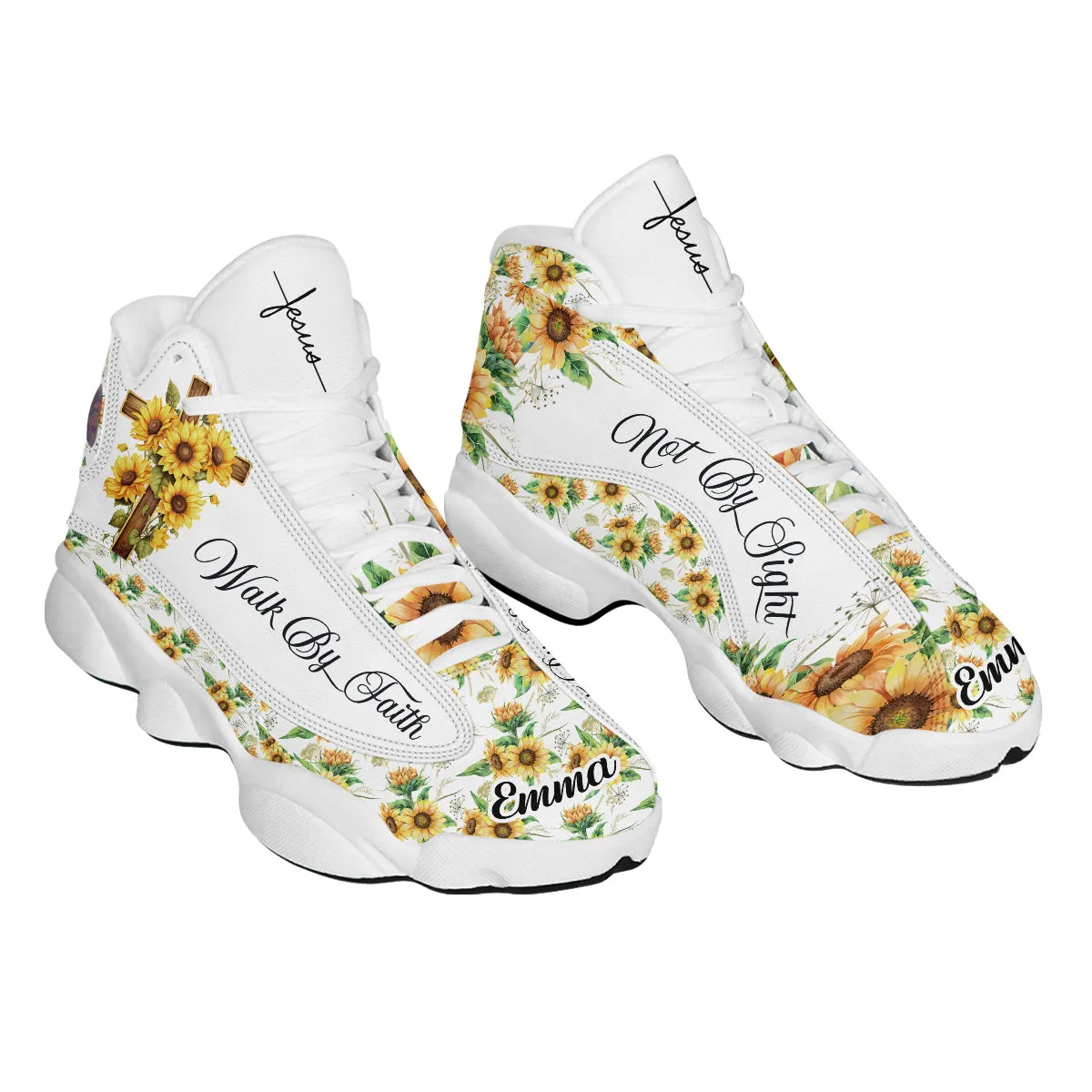 Teesdily | Jesus Cross Sunflower Customized Sport Shoes, Walk By Faith Not By Sight, Faith Gifts For Women, Sunflower Pattern Unisex Basketball Shoes