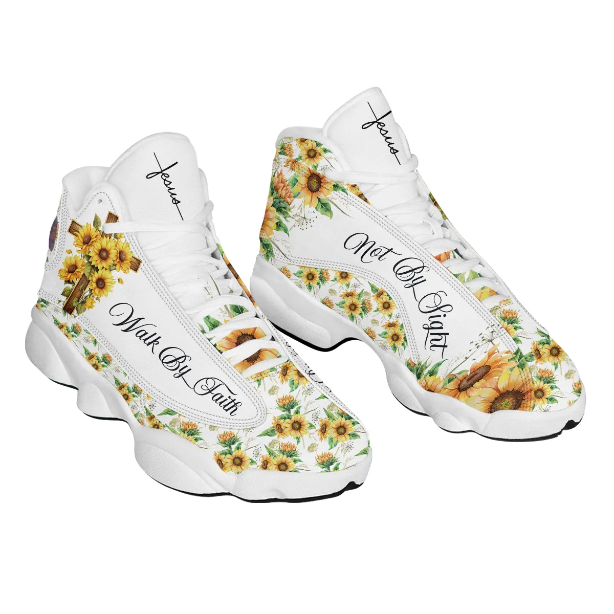 Teesdily | Jesus Cross Sunflower Customized Sport Shoes, Walk By Faith Not By Sight, Faith Gifts For Women, Sunflower Pattern Unisex Basketball Shoes