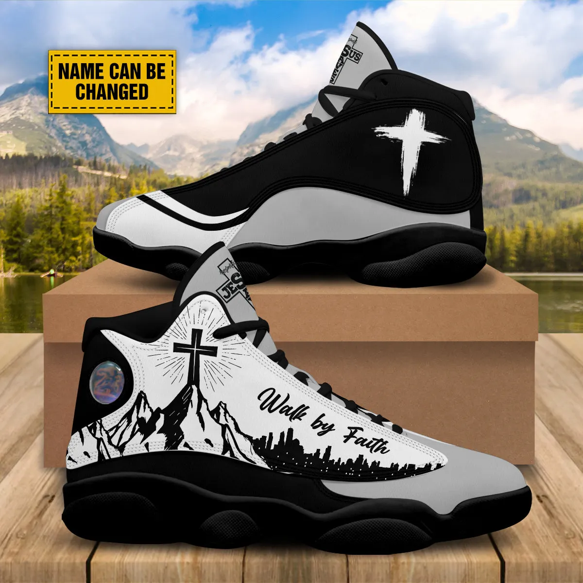 Teesdily | Personalized Jesus Walk By Faith Basketball Shoes, Jesus Cross Mountain Basketball Shoes, Christian Footwear Unisex Basketball Shoes