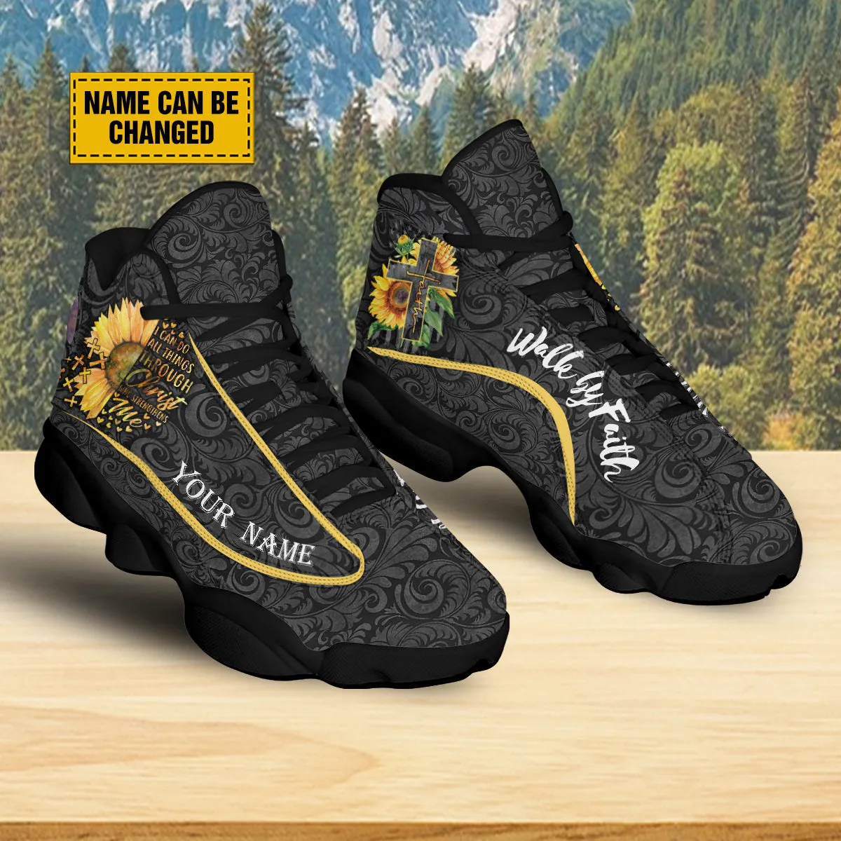 Teesdily | Sunflower Walk By Faith Personalized Basketball Shoes, I Can Do All Things Through Shoes With Thick Soles, Spiritual Gifts For Women