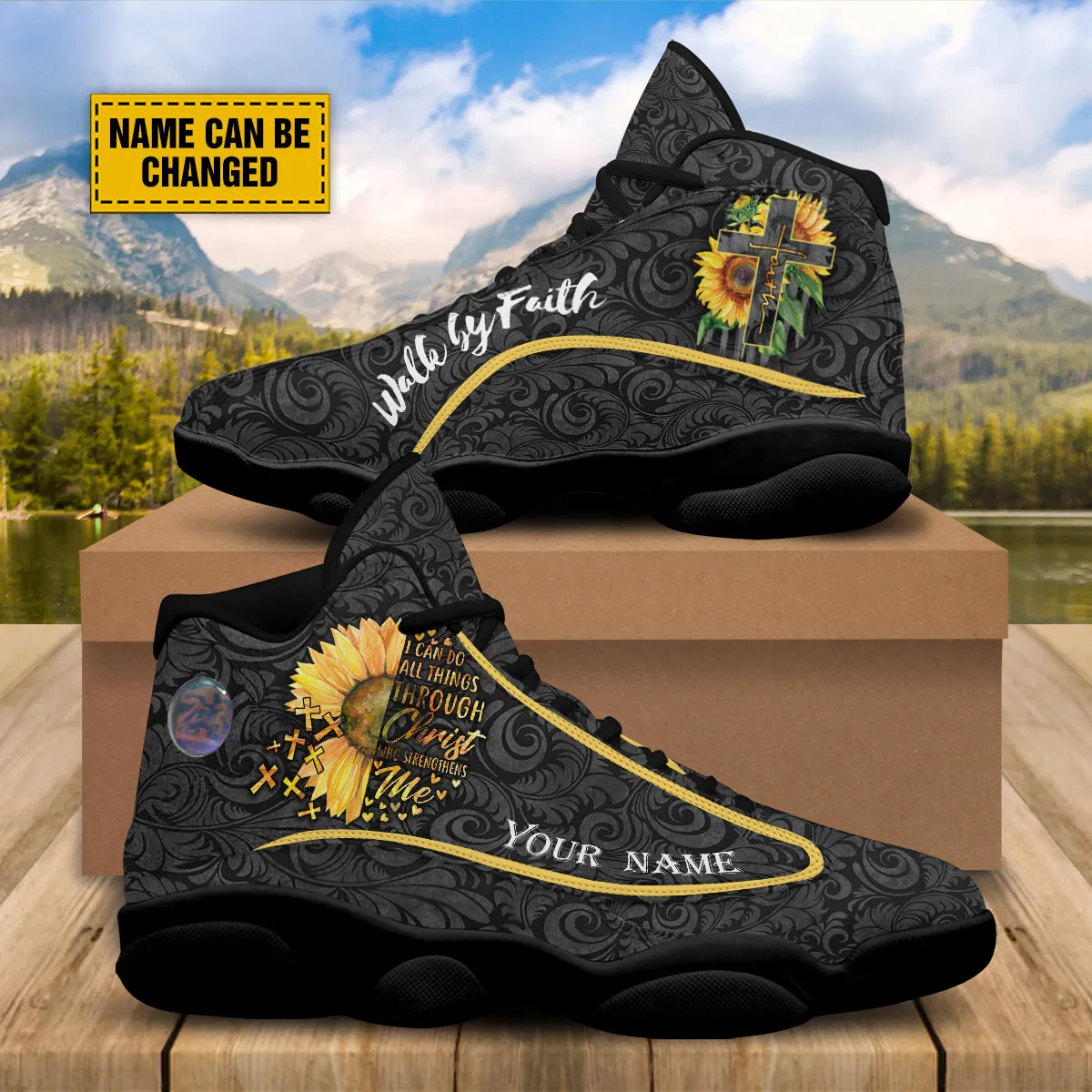 Teesdily | Sunflower Walk By Faith Personalized Basketball Shoes, I Can Do All Things Through Shoes With Thick Soles, Spiritual Gifts For Women